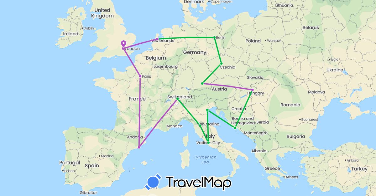 TravelMap itinerary: bus, train in Switzerland, Czech Republic, Germany, Spain, France, United Kingdom, Croatia, Hungary, Italy, Netherlands (Europe)